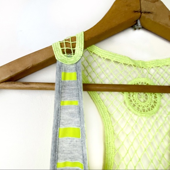 Almost Famous Stripe Crochet Lace Racerback Tank Top Shark Bite Hem Gray Lime L - Picture 8 of 13